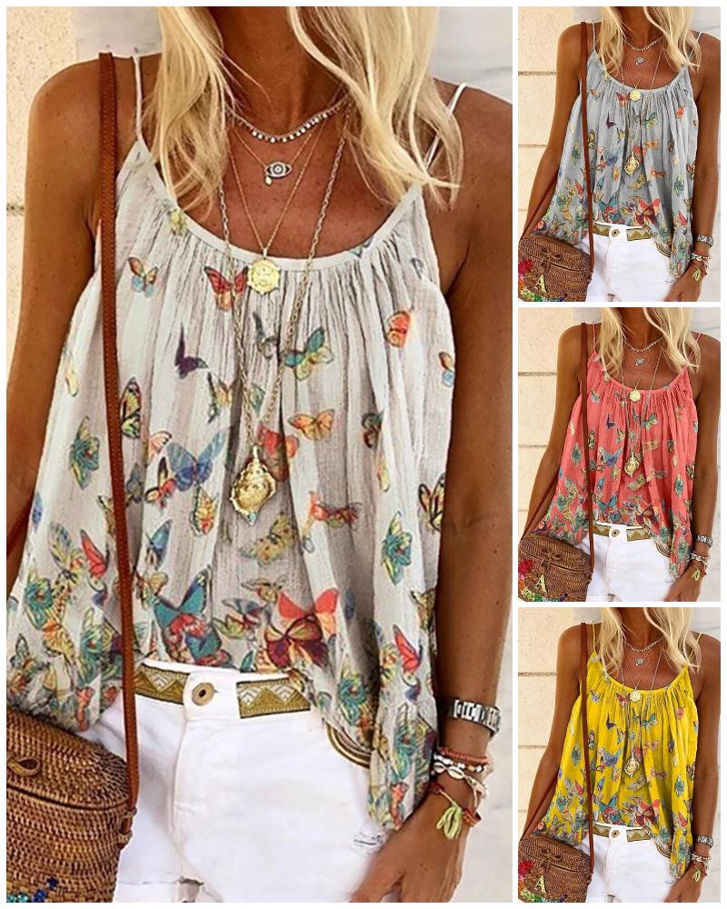 

Butterfly Print Spaghetti Strap Casual Top, Beige