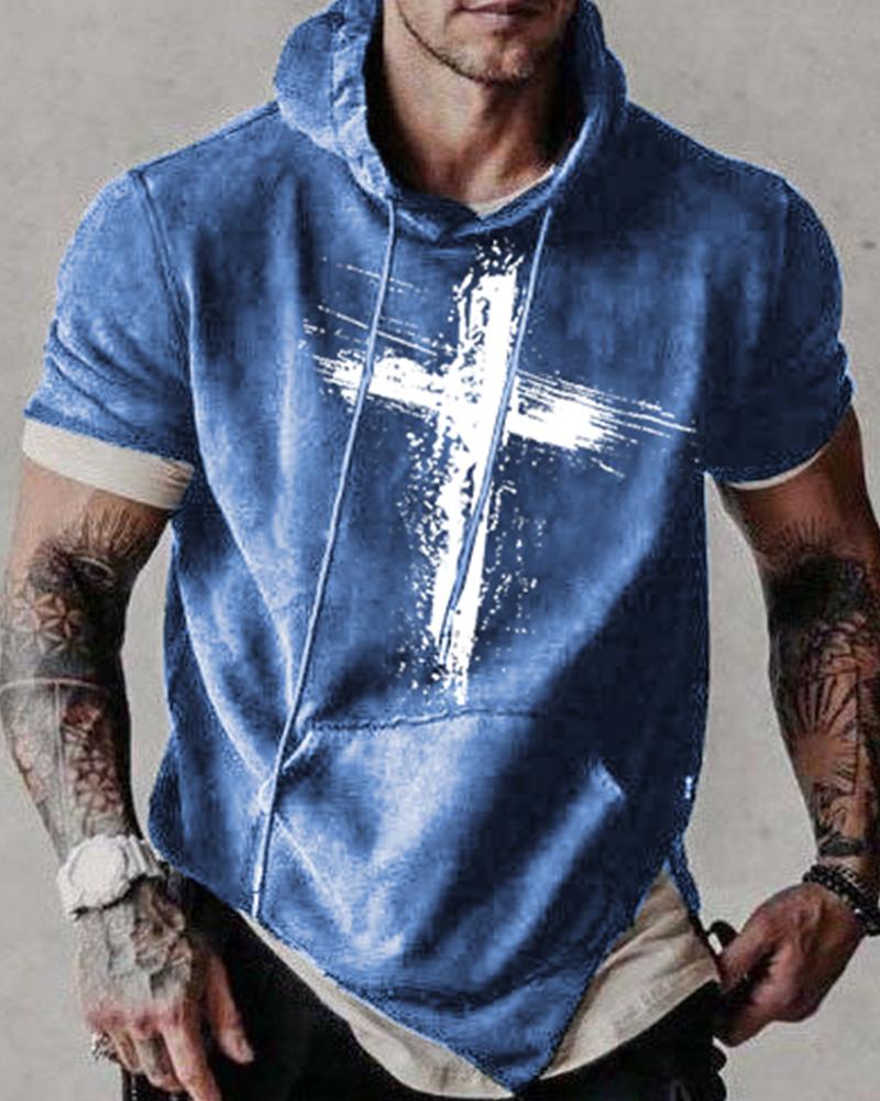 

Cross Patterns Print Short Sleeve Loose Hooded Sweatshirts, Blue