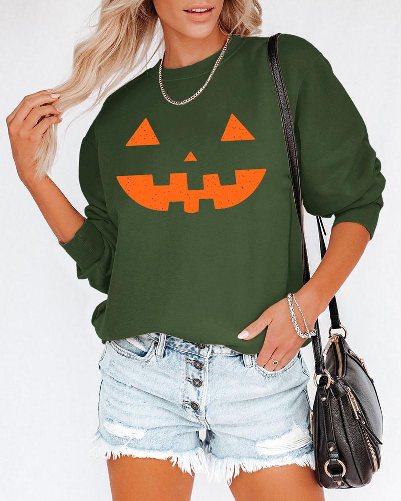 

Halloween O Neck Graphic Print Sweatshirt, Green