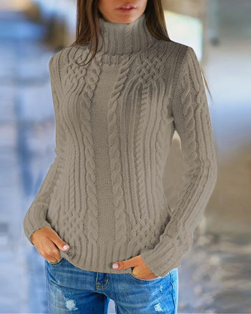 

Long Sleeve High Neck Cable Knit Sweater, Gray