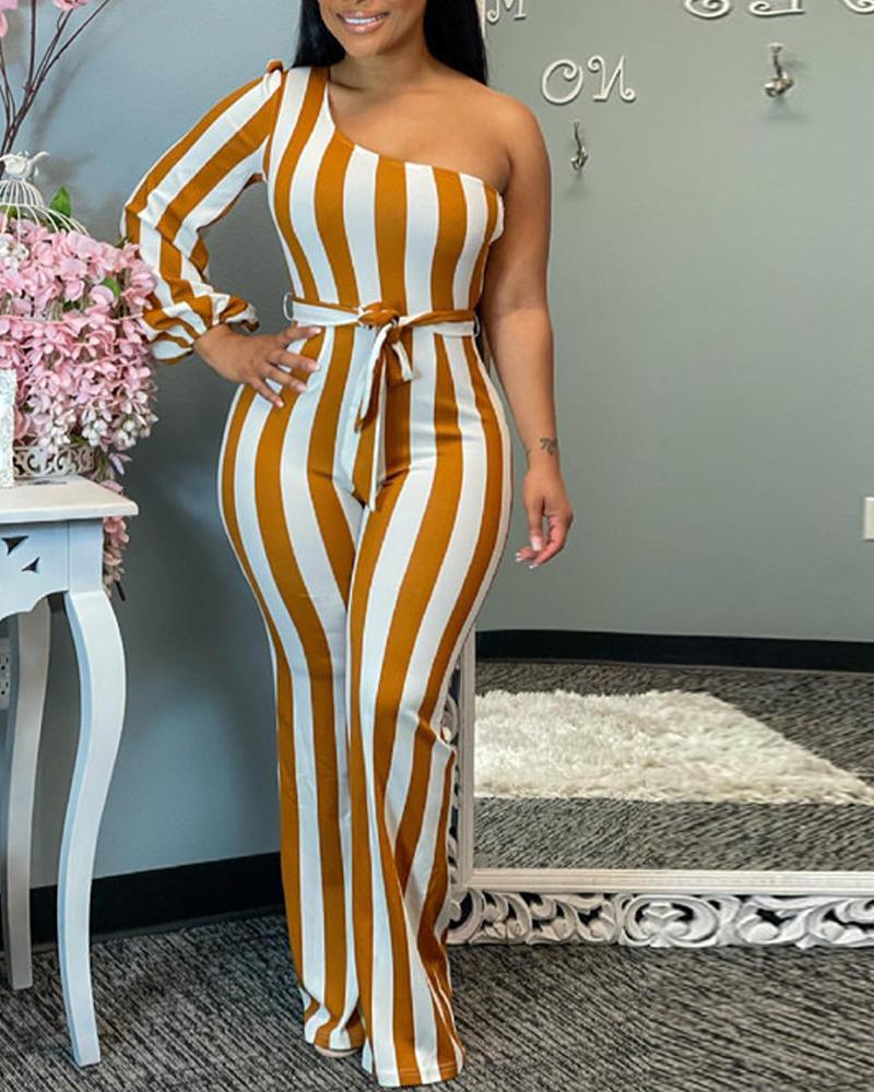 

Striped Print One Shoulder Belted Flared Leg Jumpsuit, Yellow