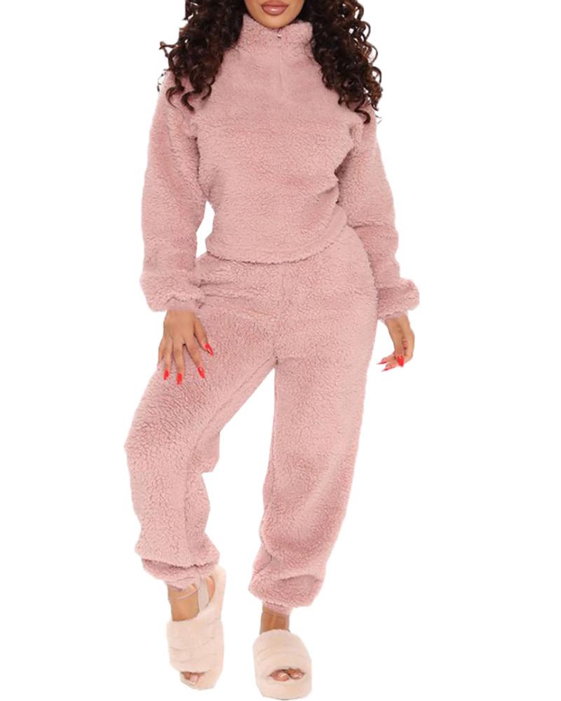 

Zipper Design Plain Teddy Top & Pocket Design Pants Set, Pink