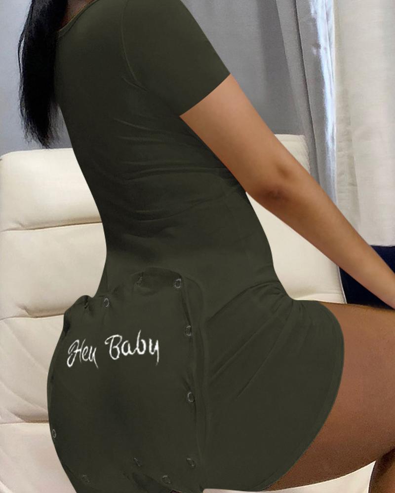 

Letter Embroidery Short Sleeve Flap Pajamas Romper, Army green