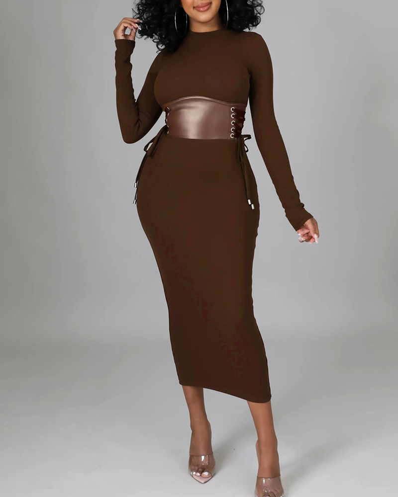

PU Leather Corset Patch Eyelet Lace-up Bodycon Dress, Brown