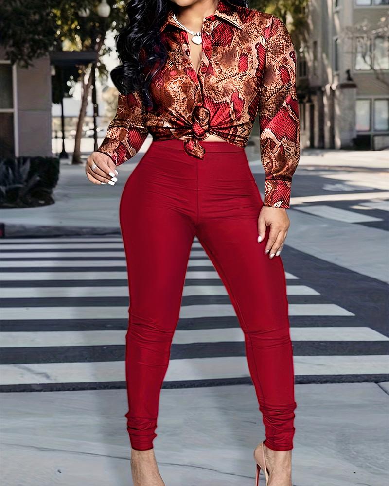 

Plus Size Snakeskin Print Buttoned Top & High Waist Pants Set, Red