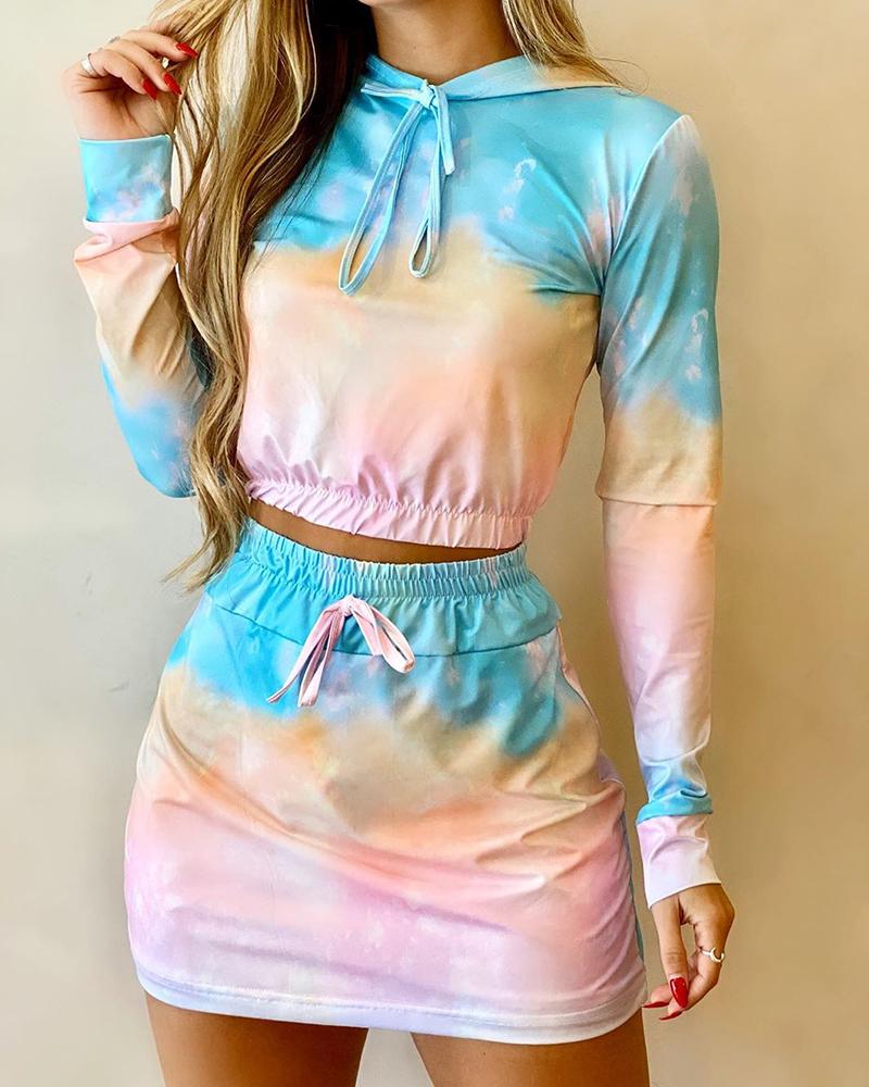 

Tie Dye Hooded Crop Hoodies Skirt Set, Multicolor