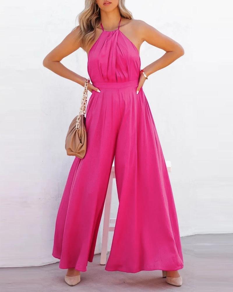 

Pleated Design Halter Backless Wide Leg Jumpsuit, Hot pink