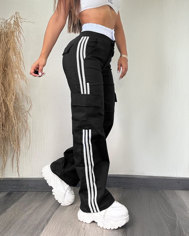 

Striped Tape Patch Shirred Stretchy High Waist Pants Pocket Design Cargo Pants, Black