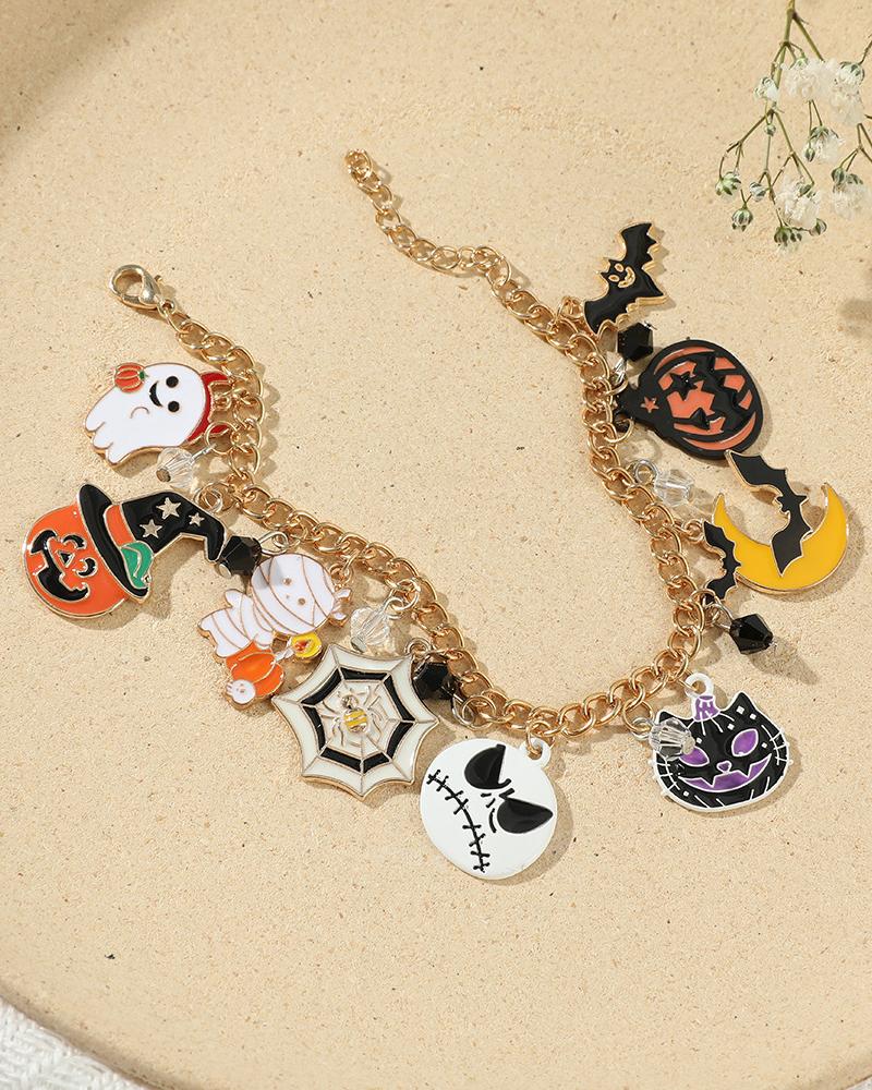 

1pc Halloween Ghost Pumpkin Spider Web Bat Cat Moon Pendant Bracelet, Gold