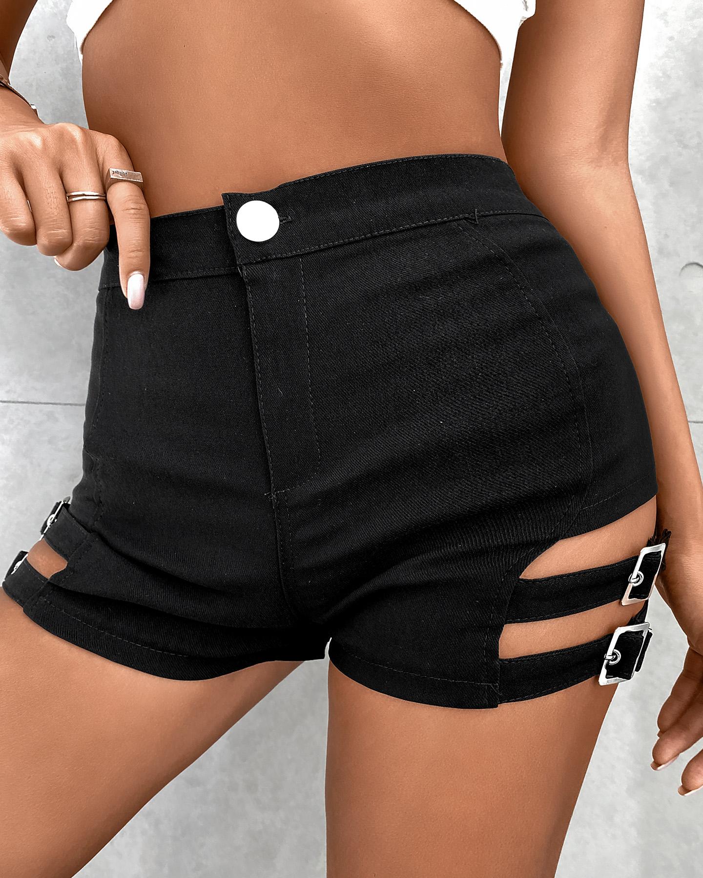 

Eyelet Buckled Design Cutout High Waist Hot Shorts, Black