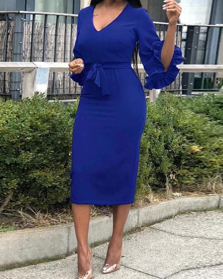 

V-Neck Ruffles Sleeve Belted Dress, Blue