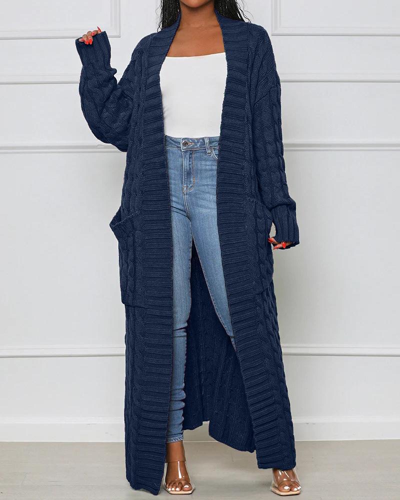 

Pocket Design Cable Longline Knit Cardigan, Dark blue