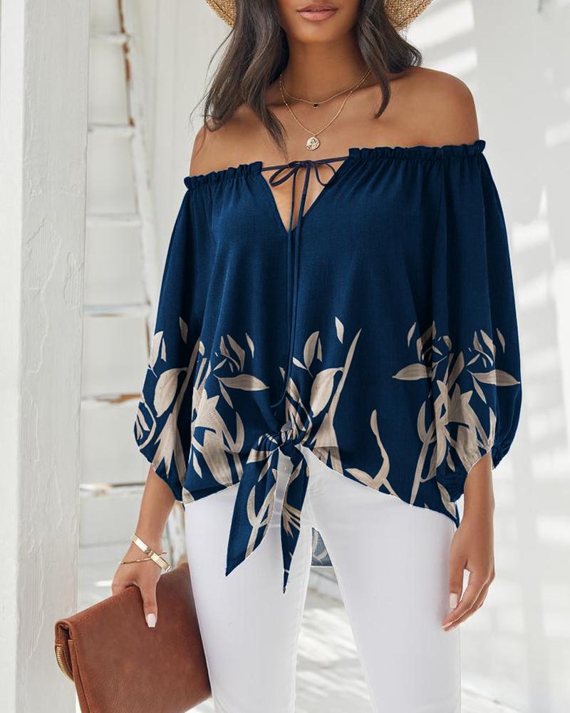 

Plants Print Tied Detail Off Shoulder Top, Purplish blue