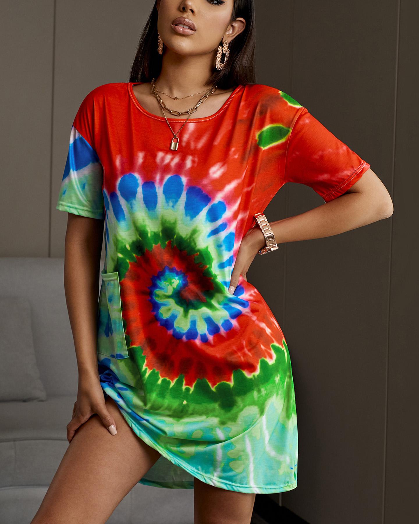 

Colorful Tie Dye Print Casual Women Dress, Red