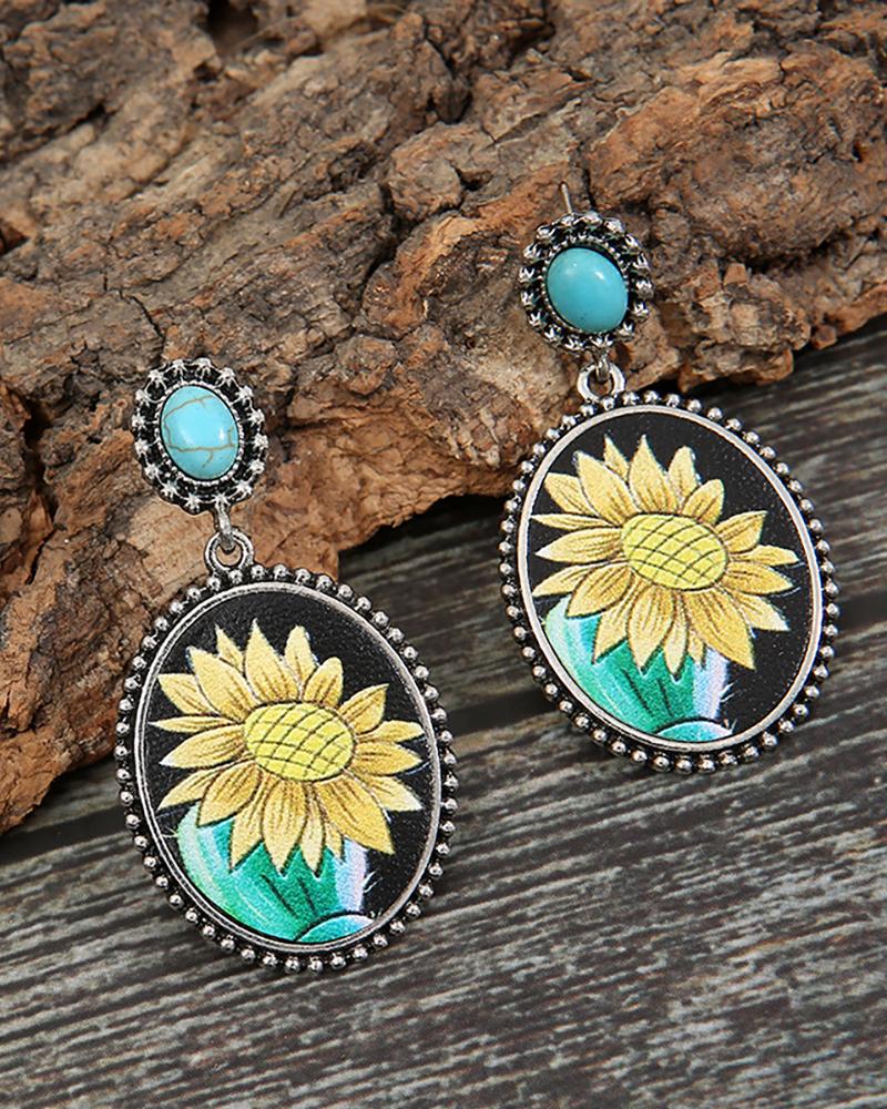 

1Pair Retro Turquoise Sunflower Drop Earring, Blue