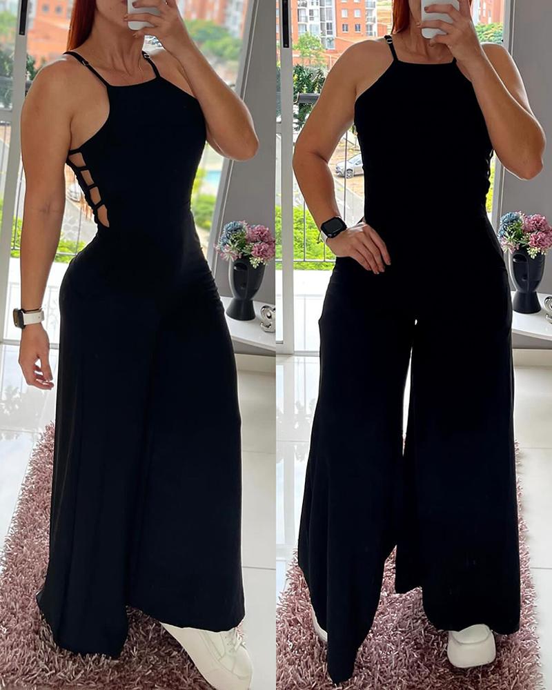 

Hollow Out Sleeveless Wide Leg Jumpsuit, Black
