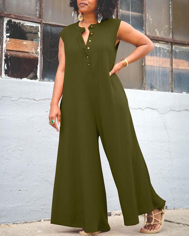 

Plus Size Buttoned Sleeveless Wide Leg Jumpsuit, Green