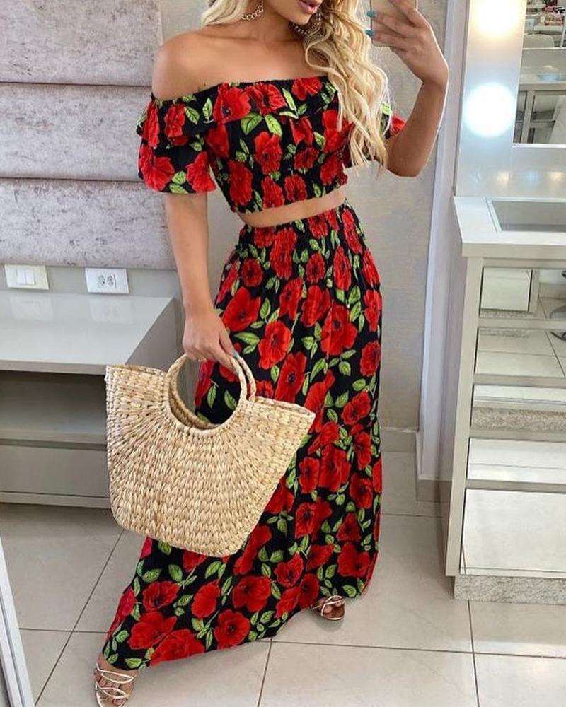 

Floral Print Top & Maxi Skirt Set, Red