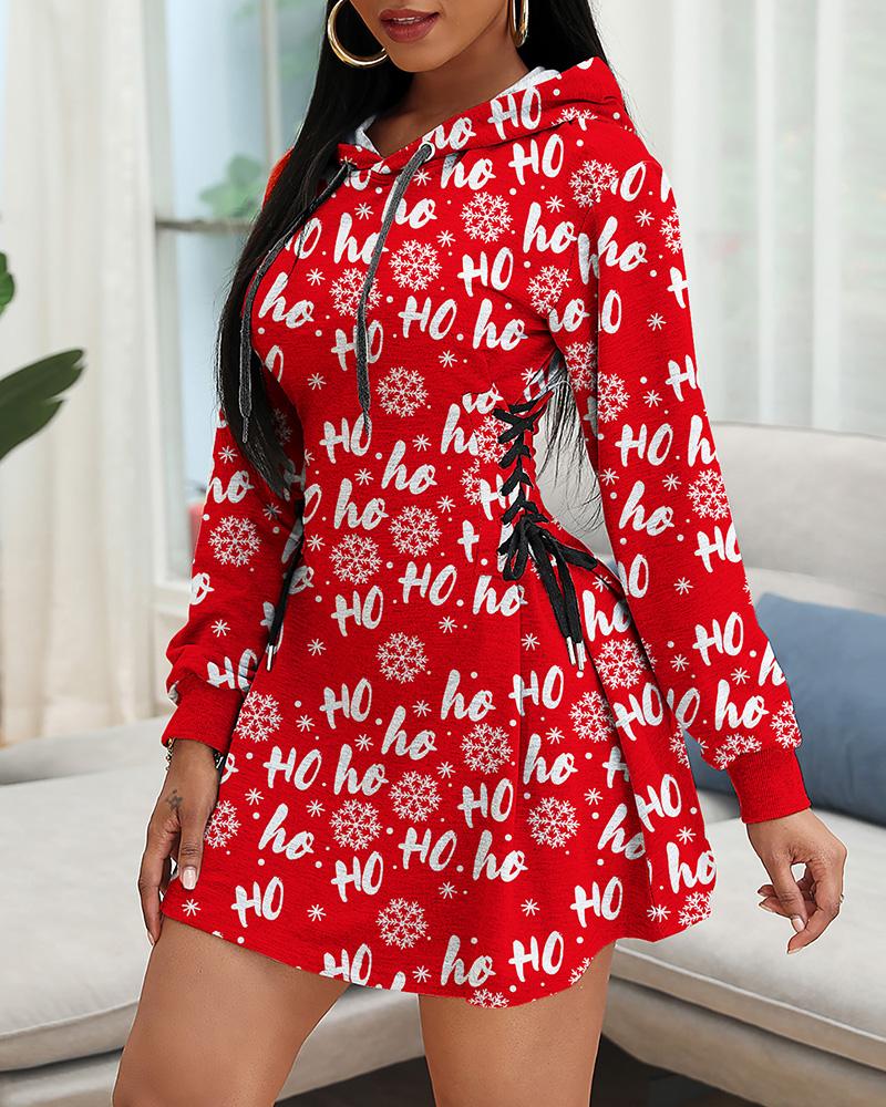 

Christmas Eyelet Lace-up Letter Snowflake Print Dress, Red