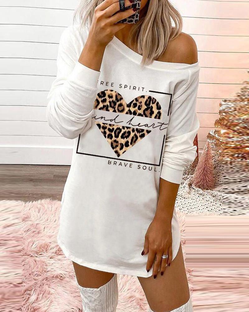 

Long Sleeve Cheetah Heart Letter Print Sweatshirt Dress, White