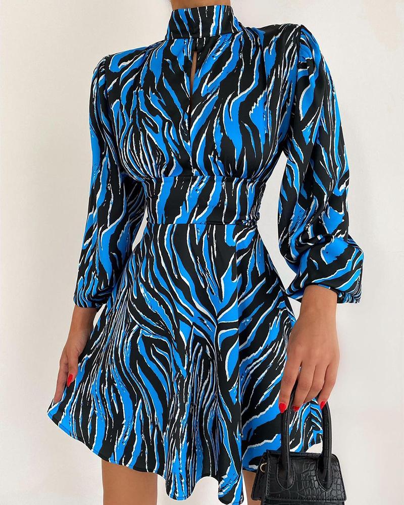 

Puff Lantern Sleeve Zebra Stripe Pattern Print Dress, Blue