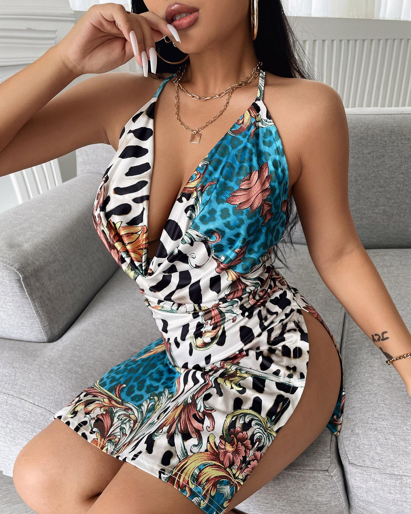 

Leopard Print Halter Open Back Split Side Mini Dress