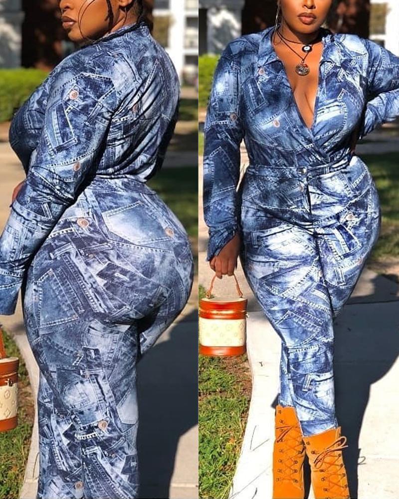 

Plus Size Denim Look Print Long Sleeve Bodysuit & Pants Set, Blue