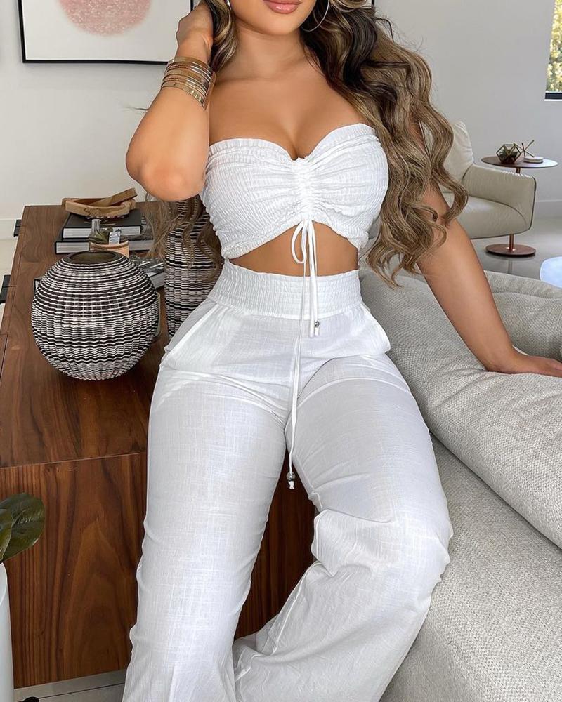 

Drawstring Bandeau Top & Shirred High Waist Pants Sets, White