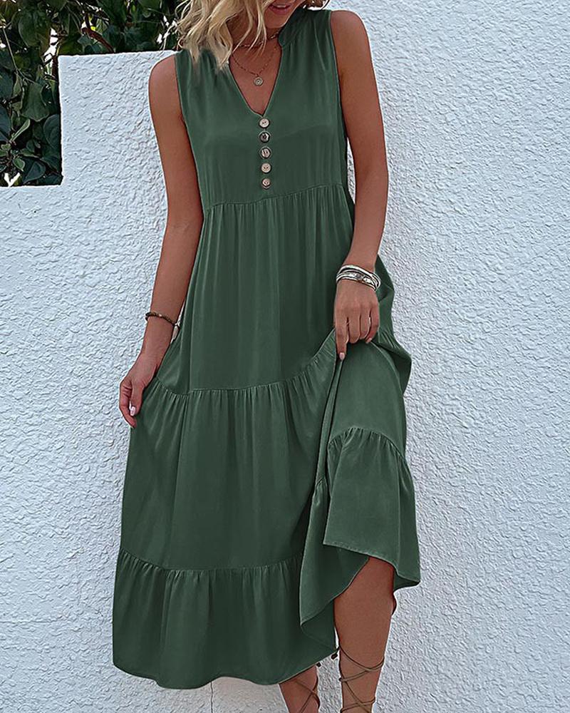 

Buttoned Ruched Smock Casual Dress, Green