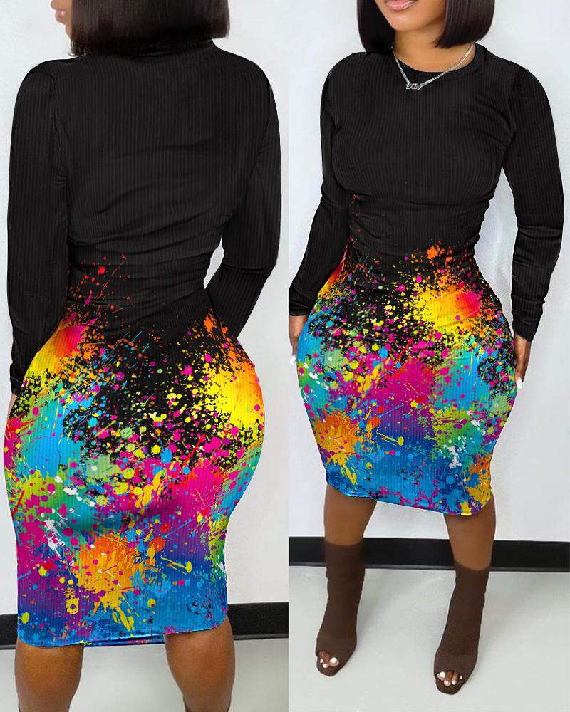 

Ink Splash Long Sleeve Ribbed Bodycon Dress, Black