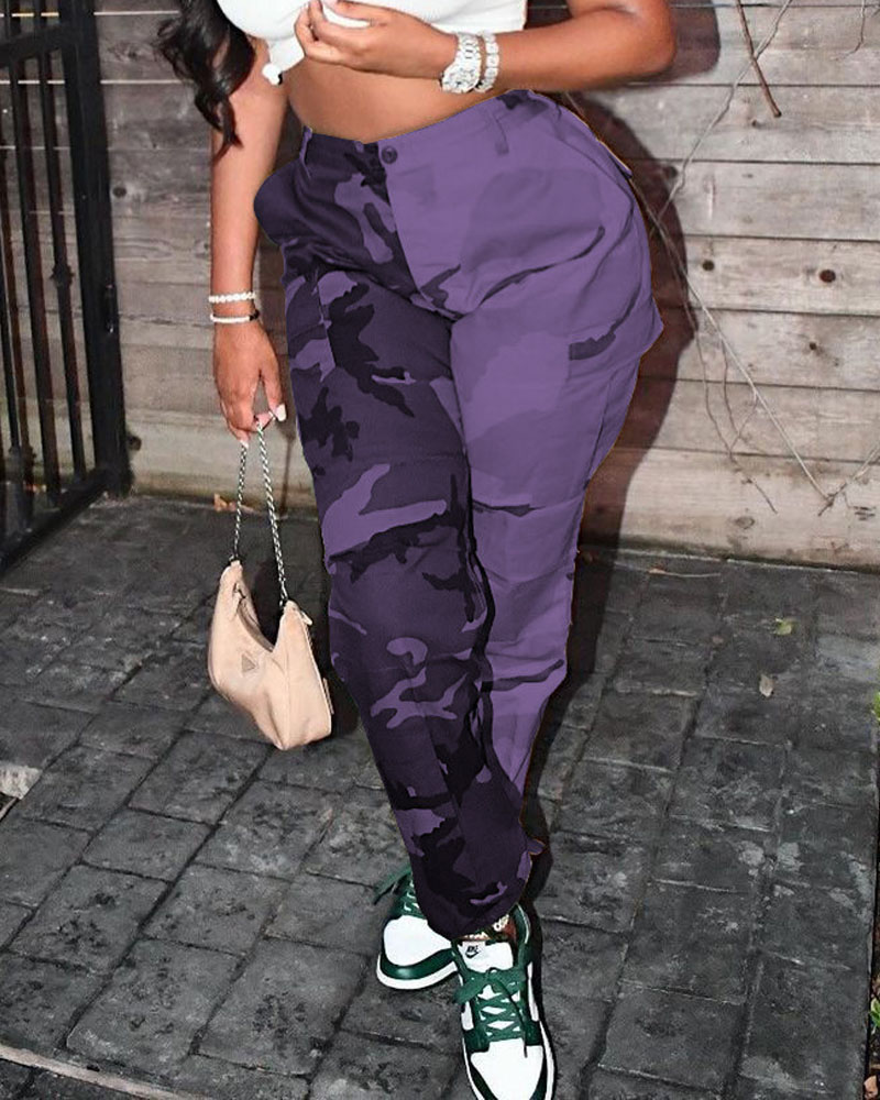 

Camo Print Flap Pocket Cargo Pants, Purple