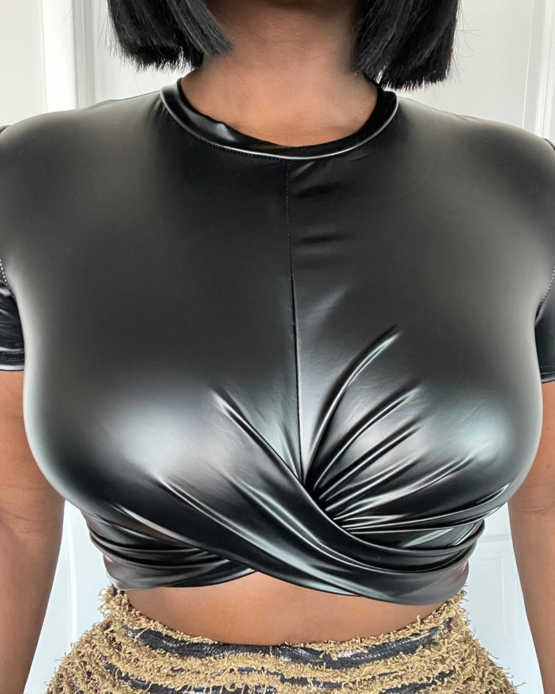 

O-Neck Crisscross PU Leather Top, Black