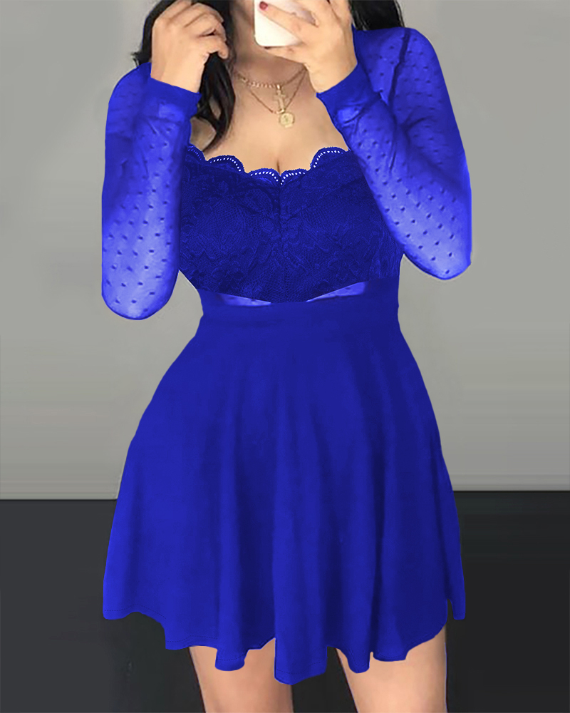 

Dot Mesh Ruffles Long Sleeve Dress, Dark blue