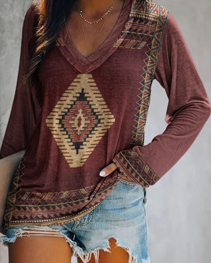 

Plus Size Aztec Geometric Print Long Sleeve Top, Coffee