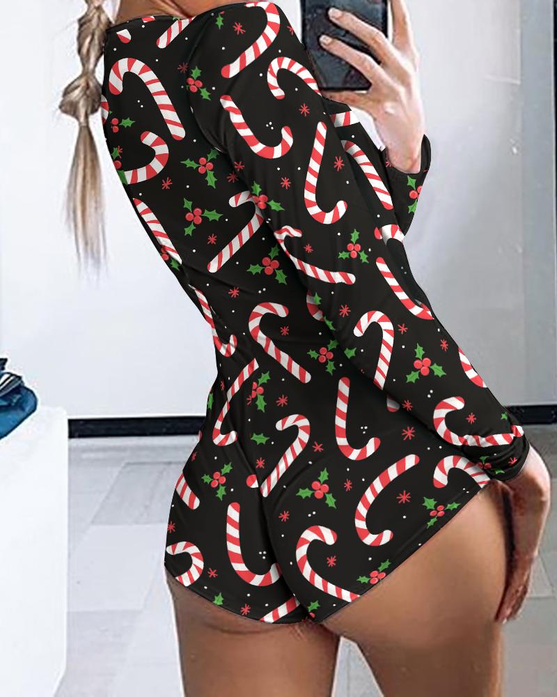 

Christmas Print Long Sleeve Skinny Romper, Multicolor