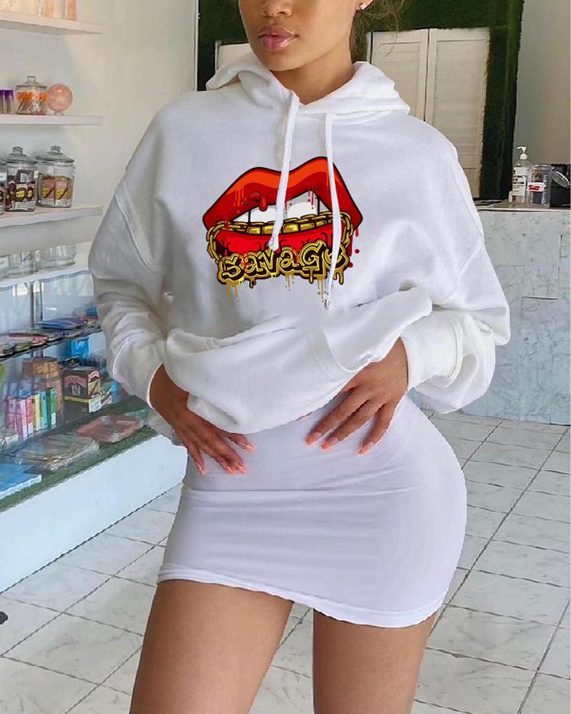 

Lip Print Drop Shoulder Drawstring Hoodie, White
