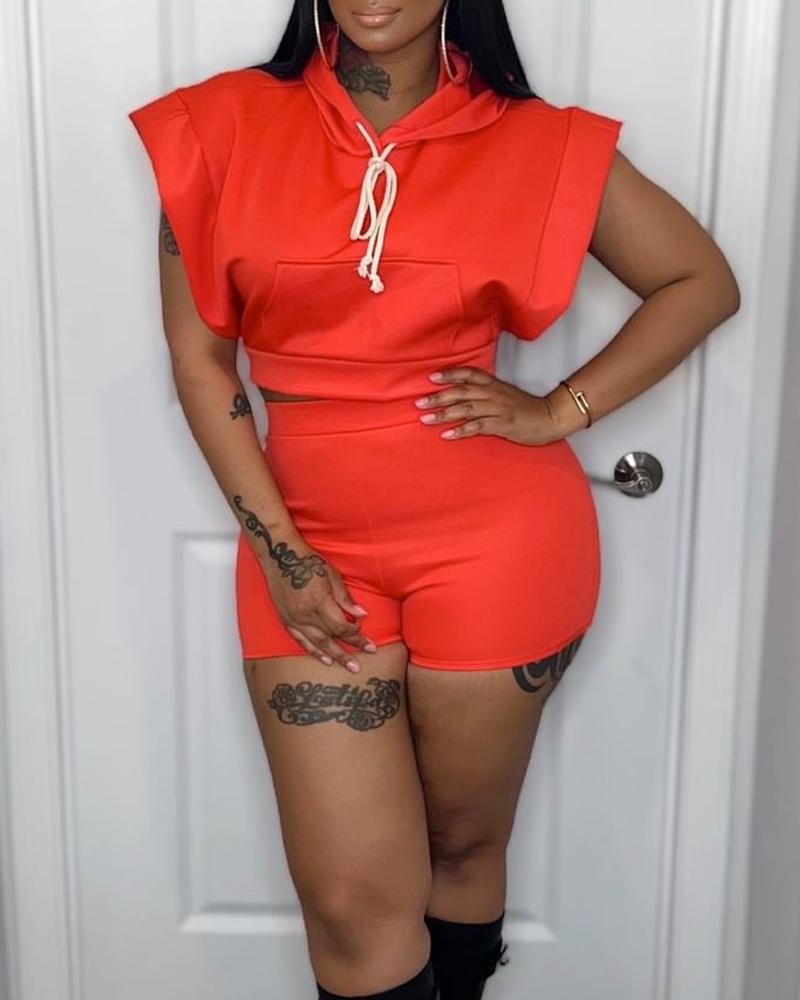

Drawstring Hooded Crop Top & Shorts Set, Orange