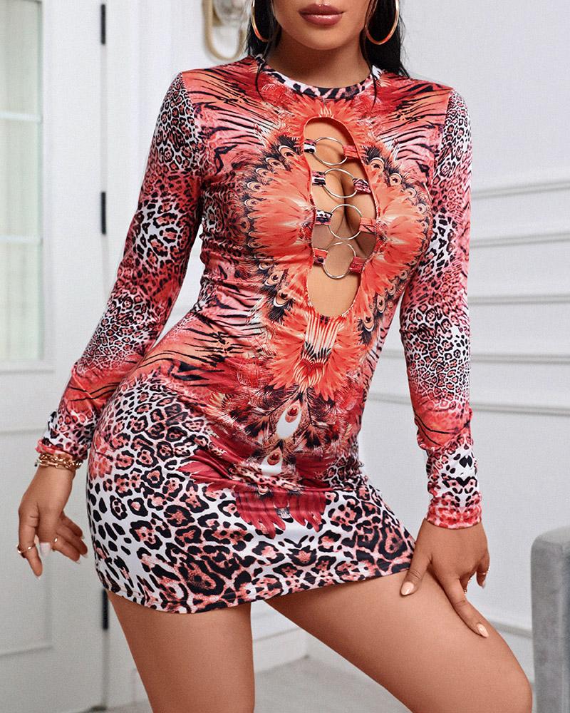 

Peacock Print Cutout O-Ring Link Long Sleeve Bodycon Dress, Multicolor