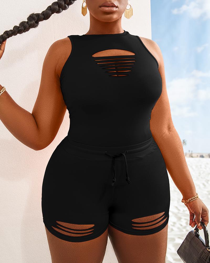 

Ladder Cutout Tank Top & Drawstring Shorts Set, Black