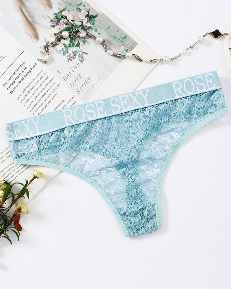 

Hollow-out Seeing Through Letter Print Low Waist Skinny Sexy Short Panties, Sky blue
