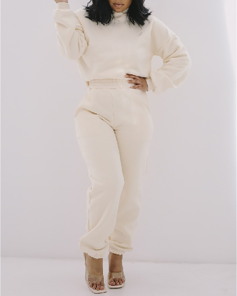 

Hooded Long Sleeve Casual Top & Pocket Design Pants Set, White