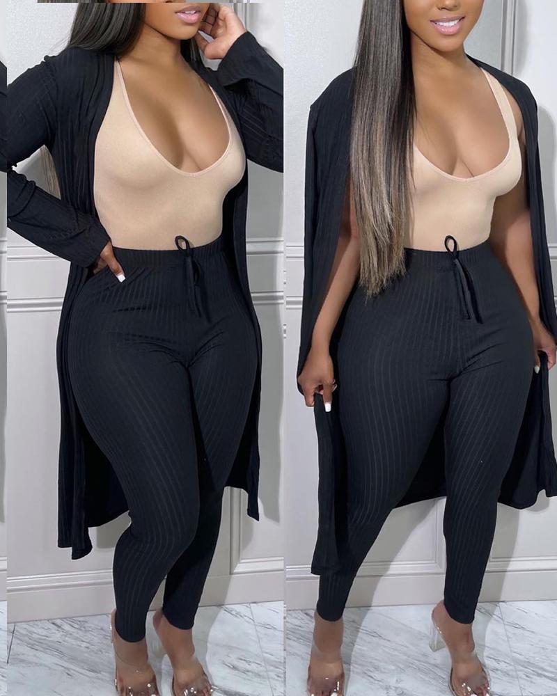 

Ribbed Open Front Longline Coat & Pants Set, Black