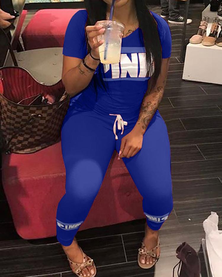

Letter Print Drawstring Sports Sets, Dark blue