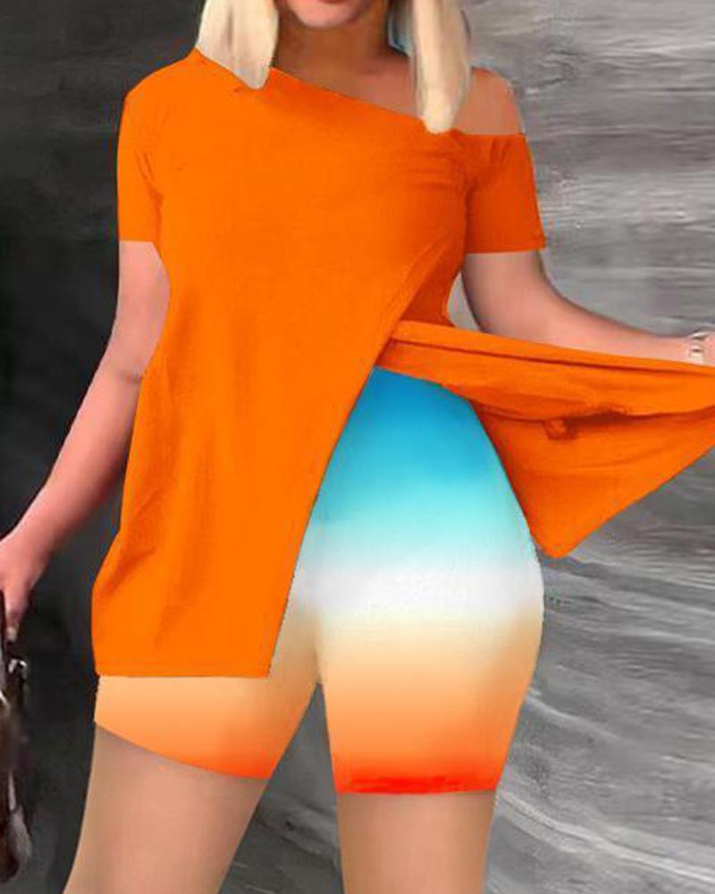 

Plus Size Skew Neck Split Top & Ombre Shorts Set, Orange