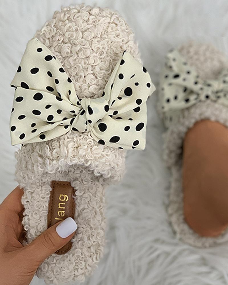 

Polkadot Bowknot Fluffy Slippers, Beige
