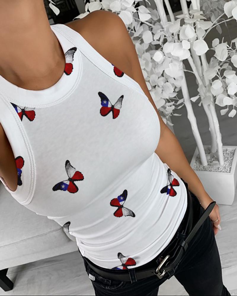 

Butterfly Print Tank Tops Summer Sleeveless Basic Cami Top Shirt Slim Knit Ribbed Racerback Blouses, White