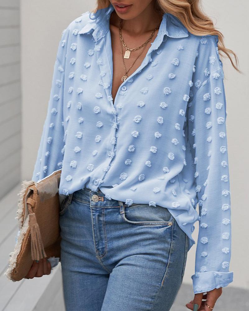 

Swiss Dot Button Design Long Sleeve Top, Blue
