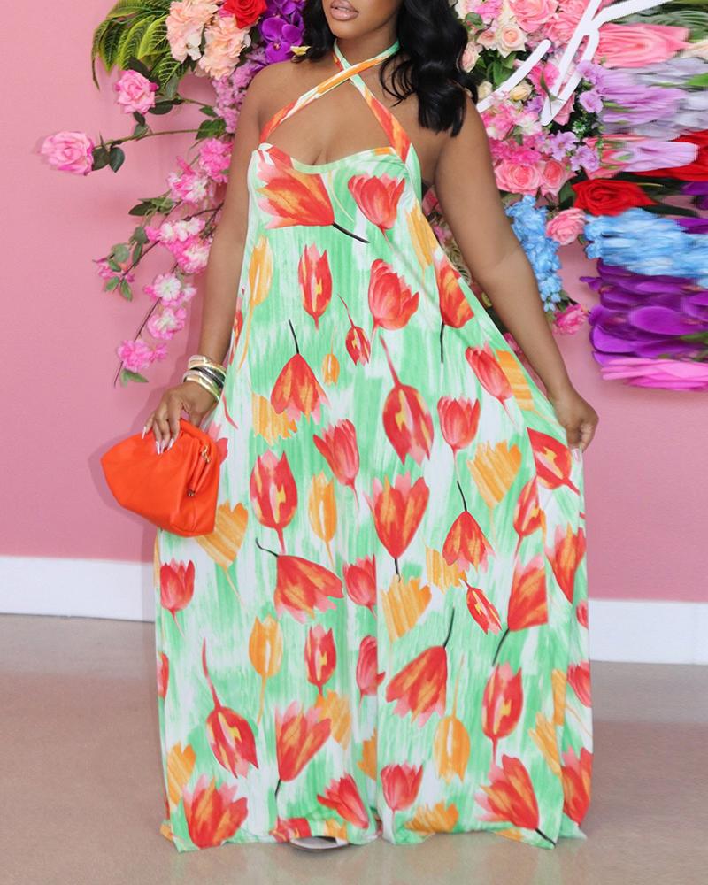 

Crisscross Halter Neck Floral Print Maxi Dress, Green
