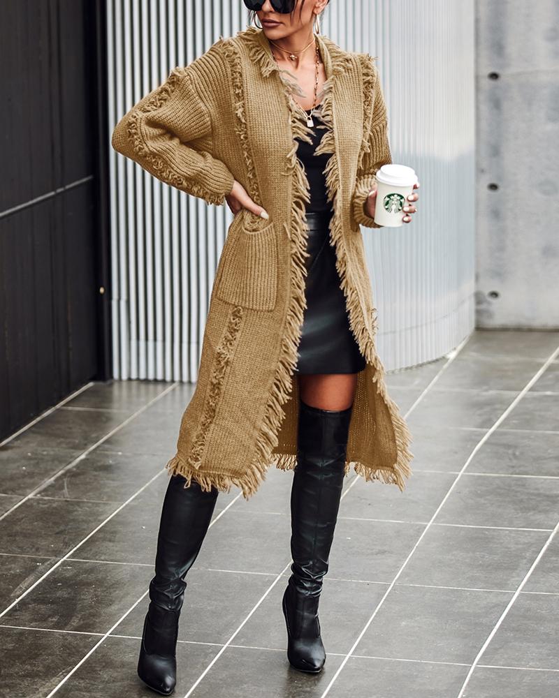 

Open Front Tassel Design Knit Cardigan, Khaki
