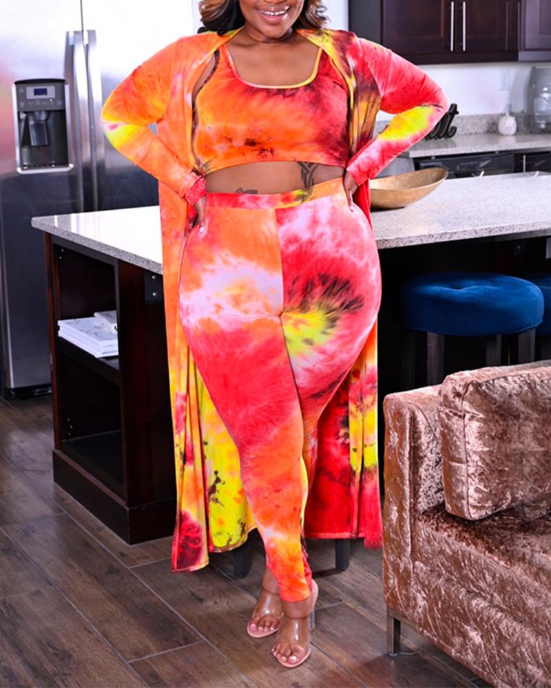 

Plus Size Tie Dye Crop Tank Top & Pants With Longline Cardigan Set, Red